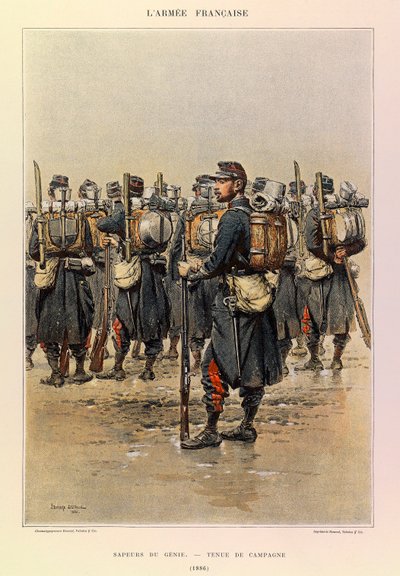 Typen und Uniformen der französischen Armee von Hauptmann Jules Richard, illustriert von Edouard Detaille: Pionier in Felduniform 1886, Private Sammlung von Jean Baptiste Edouard Detaille