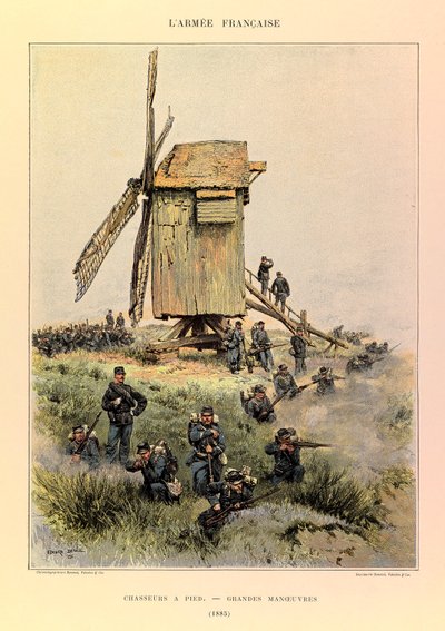 Typen und Uniformen der französischen Armee von Hauptmann Jules Richard, illustriert von Edouard Detaille: Jäger zu Fuß; die großen Manöver 1885, Private Sammlung von Jean Baptiste Edouard Detaille