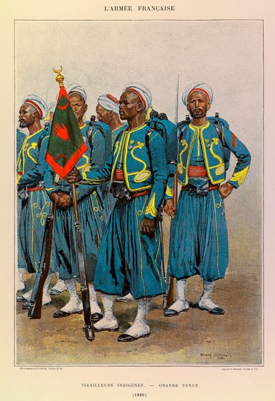 Typen und Uniformen der französischen Armee von Hauptmann Jules Richard, illustriert von Edouard Detaille (1848-1912): Einheimische Tirailleurs in großer Montur im Jahr 1886, Private Sammlung von Jean Baptiste Edouard Detaille