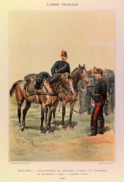 Typen und Uniformen der französischen Armee von Hauptmann Jules Richard, illustriert von Edouard Detaille: Artillerie: Unteroffiziere der Batterien zu Pferd und Kanoniere der Batterie zu Fuß in großer Uniform 1886 von Jean Baptiste Edouard Detaille