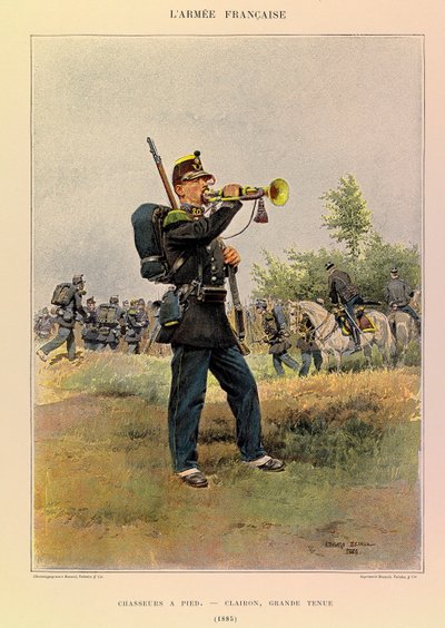 Typen und Uniformen der französischen Armee von Hauptmann Jules Richard, illustriert von Edouard Detaille: Jäger zu Fuß: Hornist in großer Uniform 1885 von Jean Baptiste Edouard Detaille