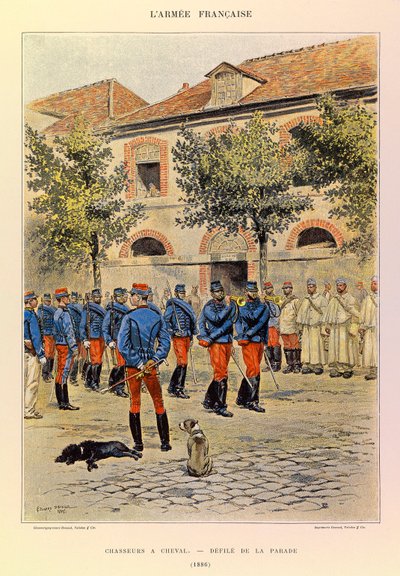 Typen und Uniformen der französischen Armee von Hauptmann Jules Richard, illustriert von Edouard Detaille: Jäger zu Pferd; Parade 1886 von Jean Baptiste Edouard Detaille