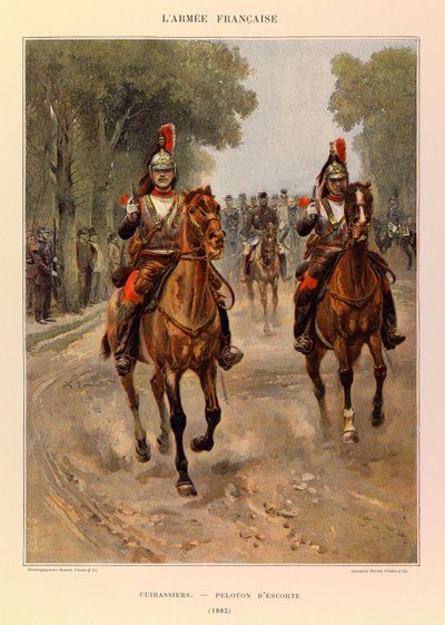 Typen und Uniformen der französischen Armee von Hauptmann Jules Richard, illustriert von Edouard Detaille: Kürassiere; Eskortzug 1885 von Jean Baptiste Edouard Detaille