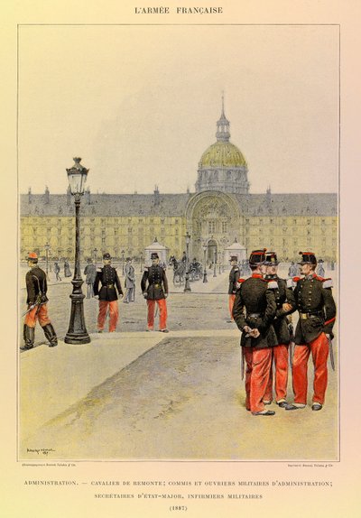 Typen und Uniformen der französischen Armee von Hauptmann Jules Richard, illustriert von Edouard Detaille (1848-1912): Verwaltung: Reiter, Militärschreiber und Verwaltungsangestellte, Stabssekretäre, Militärkrankenschwestern im Jahr 1887, Privatbesitz von Jean Baptiste Edouard Detaille