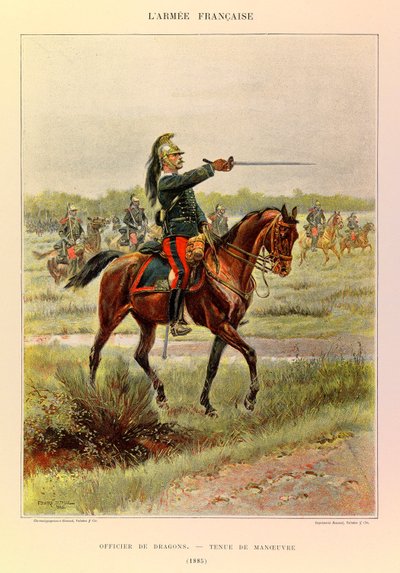 Typen und Uniformen der französischen Armee von Hauptmann Jules Richard, illustriert von Edouard Detaille (1848-1912): Offizier der Dragoner in Manöveranzug im Jahr 1885, Privatbesitz von Jean Baptiste Edouard Detaille