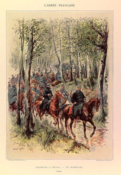 Typen und Uniformen der französischen Armee von Hauptmann Jules Richard, illustriert von Edouard Detaille (1848-1912): Jäger zu Pferd bei Manövern im Jahr 1885, Privatbesitz von Jean Baptiste Edouard Detaille