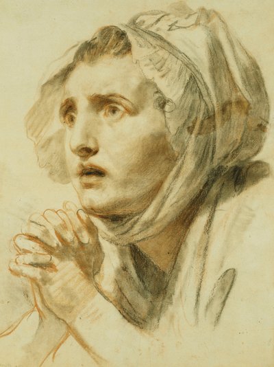 Porträt einer Frau, Büste, in einer Haube, mit gefalteten Händen von Jean Baptiste Greuze