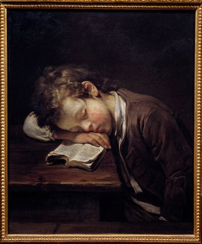 Der faule Kleine. Porträt eines jungen Jungen, der auf seinem Buch liegt. Gemälde von Jean Baptiste Greuze (1725-1805) von Jean Baptiste Greuze