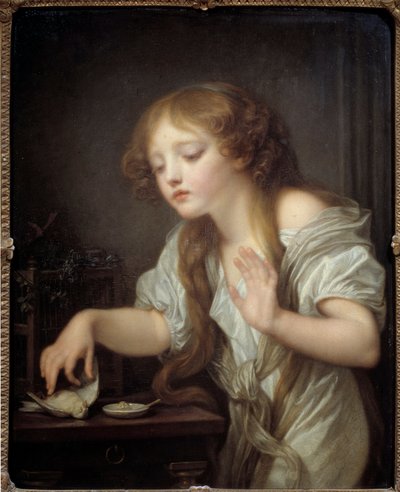 Junges Mädchen zögert, einen Vogel zu berühren, aus Angst, dass er tot ist von Jean Baptiste Greuze