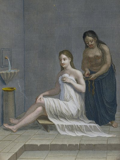 Türkisches Mädchen, das sich im Bad die Haare flechten lässt, 18. Jahrhundert von Jean Baptiste Haussard