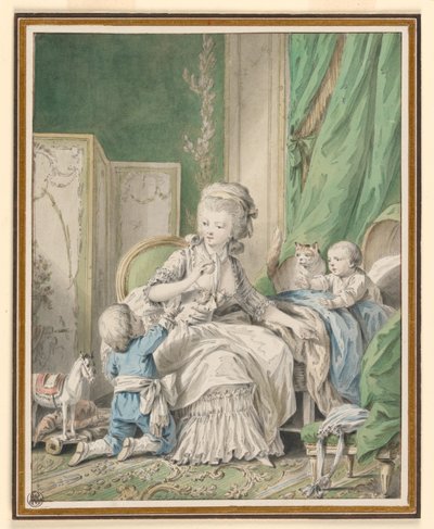 Mutter und zwei Kinder in einem Boudoir von Jean Baptiste Huet