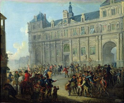 Die Ermordung von Jacques de Flesselles auf den Stufen des Rathauses am 14. Juli 1789 von Jean Baptiste Lallemand