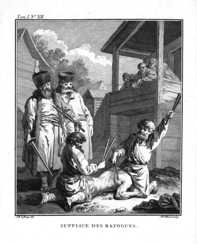Bestrafung mit Batogs. Aus Voyage en Sibérie, 1766 von Jean Baptiste Le Prince