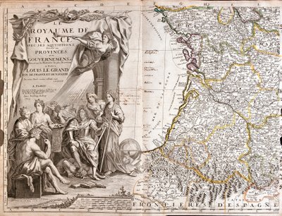 Karte von Guyenne und Gascogne, mit einem Porträt von Ludwig XIV. (1638-1715) umgeben von allegorischen Figuren von Jean Baptiste Nolin