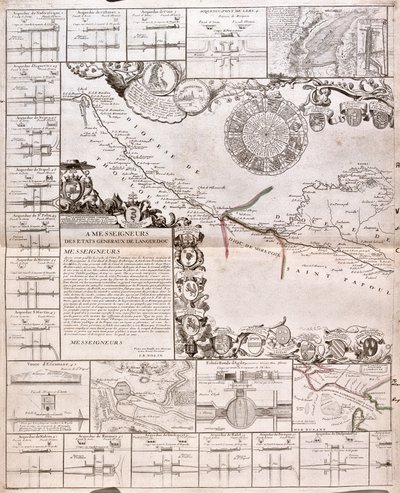 Karte des Canal du Midi, mit seinen Aquädukten von Jean Baptiste Nolin