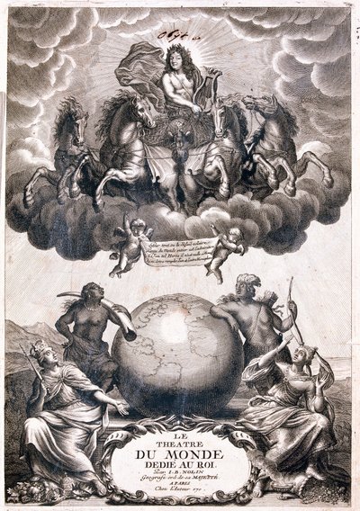 Porträt von Ludwig XIV., fliegend über einem Globus, Titelseite von Jean Baptiste Nolin