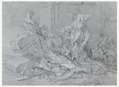 Zeichnung, Stillleben mit Fisch und Papagei, 1740 von Jean Baptiste Oudry