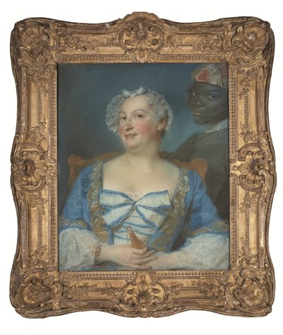 Porträt einer Frau in blauer Robe und ihres schwarzen Dieners von Jean Baptiste Perronneau