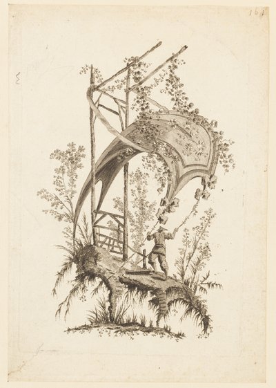 Figur, die zwei Ecken eines Zeltes hält, aus "Recueil des Tentes Chinoises" von Jean Baptiste Pillement