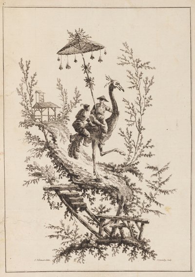 Straußenreiter, Platte aus einem Satz von Chinoiserie-Darstellungen von Jean Baptiste Pillement