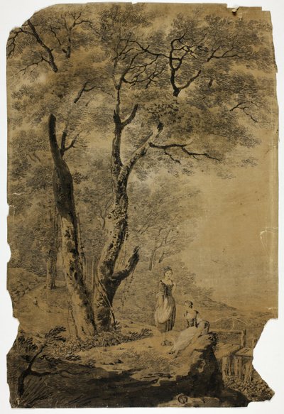 Waldlandschaft mit zwei Frauen im Vordergrund von Jean Baptiste Pillement