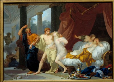 Sokrates zieht Alkibiades aus dem Schoß der Wollust. Der Philosoph Sokrates führt seinen Schüler Alkibiades (450-404 v. Chr.) von den Orten des Verderbens weg. Gemälde von Jean Baptiste Regnault (1754-1829) 1791 von Jean Baptiste Regnault