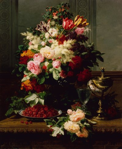 Ein Stillleben mit Rosen, Tulpen und anderen Blumen auf einer deutschen Kompott-Schale von Jean Baptiste Robie