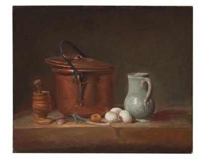 Ein Kupfertopf, ein Mörser und Stößel, ein Krug, eine Schalotte, Eier und eine Zwiebel auf einem Regal von Jean Baptiste Simeon Chardin