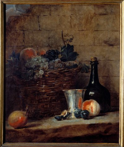 Korb mit weißen und schwarzen Trauben, Silberbecher und Flasche von Jean Baptiste Simeon Chardin