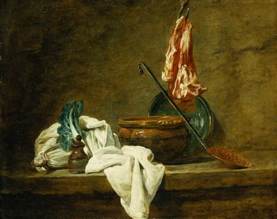 Rüben, eine Gewürzdose, ein Geschirrtuch, ein Topf, ein glasierter Tonkrug, ein Schaumlöffel, mit Fleisch an einem Haken, auf einem Sims, 1734 von Jean Baptiste Simeon Chardin