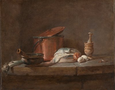 Küchenutensilien mit Lauch, Fisch und Eiern, ca. 1734 von Jean Baptiste Simeon Chardin