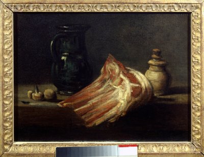 Küchentisch und Utensilien mit einem Schafquadrat. Gemälde von Jean Baptiste Simeon Chardin von Jean Baptiste Simeon Chardin