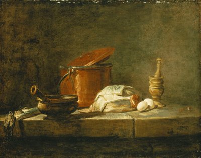 Lauch, ein Auflauf, ein Kupfertopf mit Deckel, ein Stück Fisch, eine Zwiebel und zwei Eier, mit einem Mörser und Stößel, auf einem Sims, 1734 von Jean Baptiste Simeon Chardin