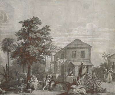 Familienzeit, Tapetenpaneel aus der Serie "Paul et Virginie", von Dufour & Cie, ca. 1823 von Jean Broc