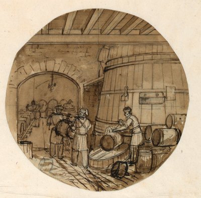 Entwurf für einen bemalten Porzellanteller, Innenansicht einer Weindestillerie, 1831–44 von Jean-Charles Develly