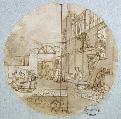 Die Werkstatt des Maurers, Plattendesign für ein Service, das verschiedene Berufe darstellt, um 1820-35 von Jean Charles Develly