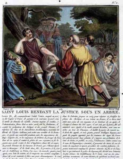 Heiliger Ludwig (1215-70) spricht unter einem Baum Recht, graviert von Jean Baptiste Morret 1789 (kolorierter Stich) von Jean Claude (after) Naigeon