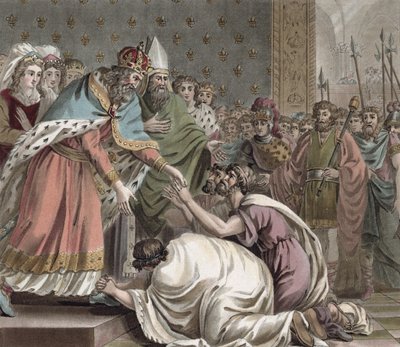 Karl der Große (742-814) empfängt die Botschafter des Kaisers des Ostens, graviert von Jean Baptiste Morret, 1789 von Jean Claude Naigeon