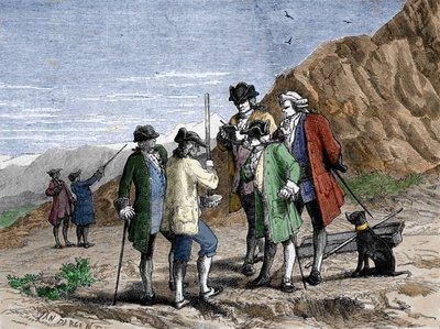 Florin Perier misst die Höhe des Barometers (Quecksilberrohr) von Evangelista Torricelli während des Experiments zur Schwerkraft der Luft von Blaise Pascal, auf dem Gipfel des Puy de Dôme (1648). Gravur von Yan Dargent von Jean Edouard Dargent