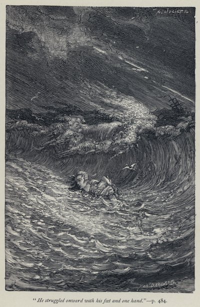 "Er kämpfte sich mit seinen Füßen und einer Hand vorwärts" (Gravur) von Jean Edouard Dargent