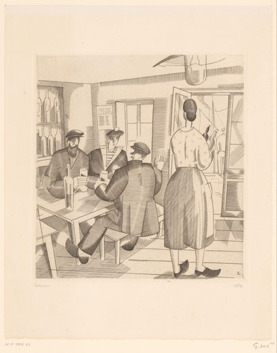 Caféinterieur mit Kunden und Kellnerin von Jean Emile Laboureur (signed by artist)