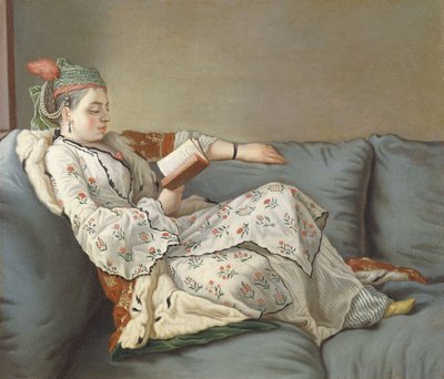 La Sultane Lisant, Eine Dame in türkischer Tracht, die auf einem Diwan liest von Jean Étienne Liotard