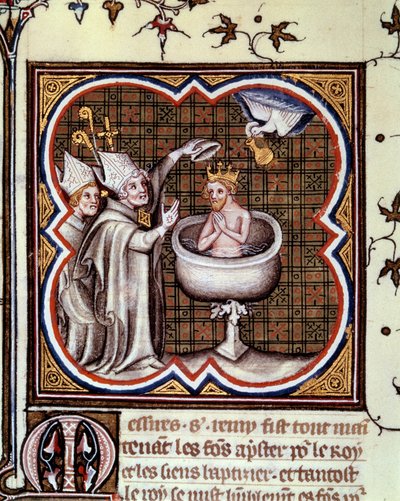 Taufe von Clovis (466-511) durch Saint Remy (Saint Remi) in Reims im Jahr 496: der Heilige Geist bringt die heilige Ampulle mit dem heiligen Chrisam, der für die Salbung der Könige verwendet wird. Miniatur in „Grandes Chroniques de France“ von Jean Fouquet von Jean Fouquet