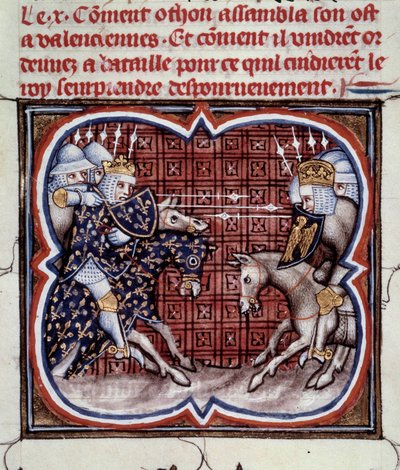 Französisch-Englischer Krieg (1202-1214): Die Schlacht von Bouvines am 27.07.1214 zwischen der französischen Armee von Philippe Auguste und den Flamen und Welfen von Othon IV. Der französische Sieg war entscheidend für den Ausgang des Krieges von Jean Fouquet