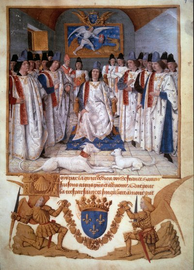 Abhaltung eines Kapitels des Ordens vom Heiligen Michael um Ludwig XI. (1423-1483). Miniatur aus „Statuten des Ordens vom Heiligen Michael“ von Jean Fouquet (1420-1481) 1470 Paris, B.N. von Jean Fouquet