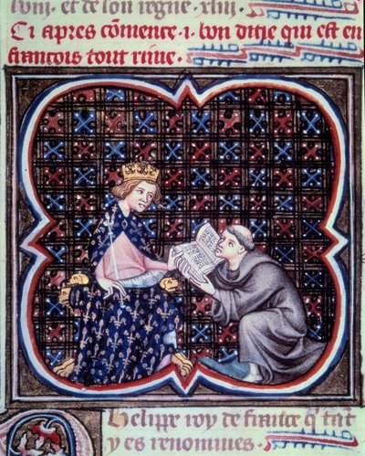 Primas präsentiert den Text der großen Chroniken Frankreichs an Philipp III. Miniatur aus dem Manuskript von Jean Fouquet Grandes Chroniques de France von Jean Fouquet
