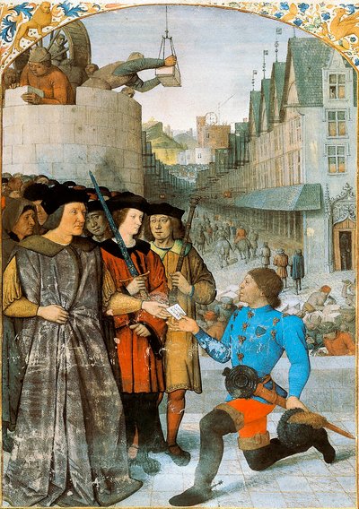 Vizegraf von Rochechouart empfängt einen königlichen Boten. Miniatur von Jean Fouquet (1420-1481) aus "Die großen Chroniken von Frankreich". 1455-1460 von Jean Fouquet