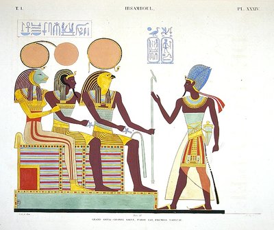 Fresko aus Ibsambul, das Ramses II. gegenüber (v.l.n.r.) Sekhmet, möglicherweise eine Vergöttlichung von Ramses II. und Re-horakhty darstellt von Jean Francois Champollion