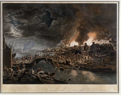 Granville in Flammen belagert von den Vendéens, basierend auf einem Gemälde von J. François Hue, ca. 1800. von Jean Francois Hue