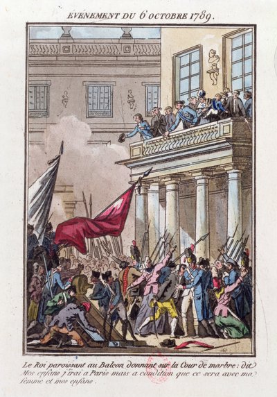 Ludwig XVI. erscheint am Balkon in Versailles am 6. Oktober 1789, um dem Pariser Mob zu sagen, dass er nach Paris gehen wird, unter der Bedingung, dass seine Frau und Familie mitreisen von Jean Francois Janinet